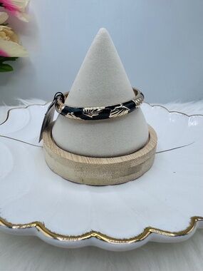 Black & Gold Hinged Bangle Bracelet | Enamel Accent